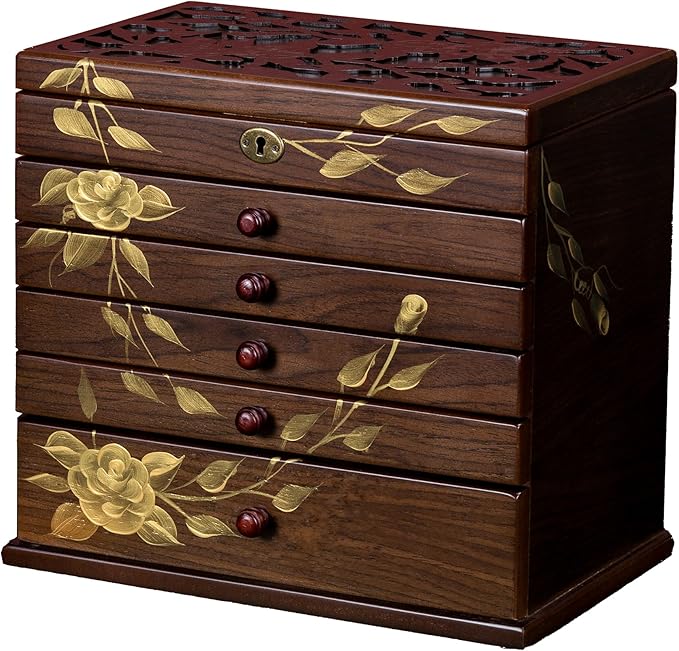 Hand-painted rose Wooden Jewelry Box, 7 Layer Jewelry Organizer, Vintage Wooden Jewelry Boxes for Women,jewelry holder organizer,5 drawer dresser,necklace organizer box with lock