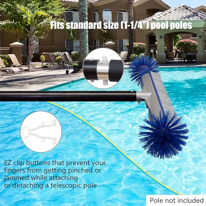 Poolvio Professional 17.5" Floor & Wall Pool Cleaning Brush with Tough Around Nylon Bristles, EZ Clip Aluminum Handle- Easily Sweep from Walls, Floors, Steps