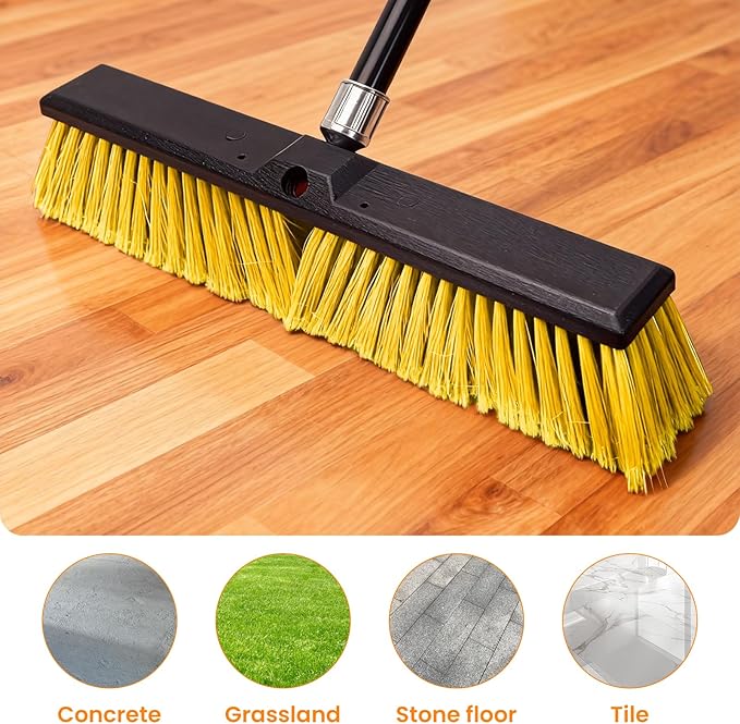 18 Inches Push Broom Outdoor，Commercial Broom Brush，Stiff Bristle Brush with 61.8 inches Long Handle for Patio Garage Deck Street Shop Warehouse Lawn Driveway -2 Pack