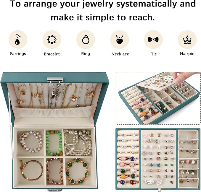 Homeanda Jewelry box 2 layer Jewelry box Leather Jewelry boxes for Women Girls Teens Jewelry organizer box Jewelry Storage box with lock(Green)