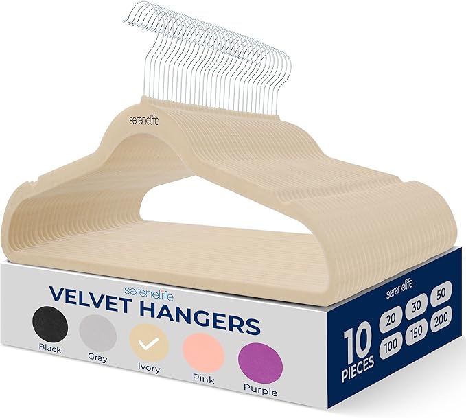 SereneLife 10 Pack Velvet Hangers - Non-Slip with 360° Swivel Hook - Ultra-Thin, Lightweight Velvet Hangers for Shirts, Sweaters, Hoodies, Kids Clothes & Dresses - Space-Saving