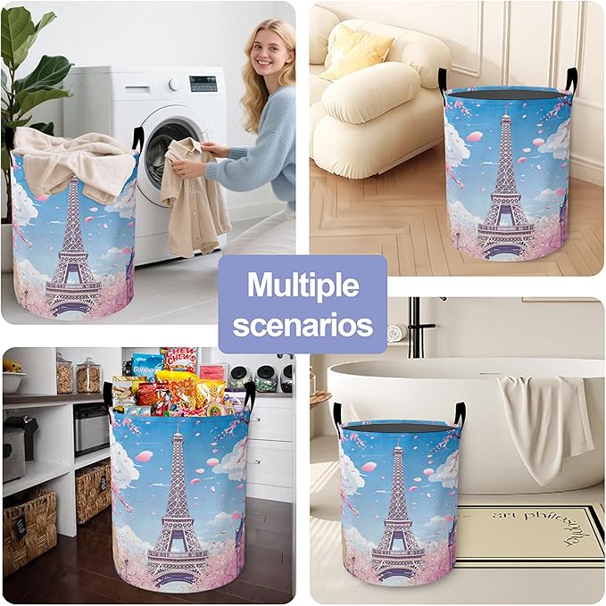 Romantic Eiffel Tower Laundry Basket, Cherry Blossoms Oxford Cloth Laundry Hamper With Handle Foldable Portable Clothes Storage Basket Storage Bag For Laundry Room/Bathroom/Bedroom/Dormitories