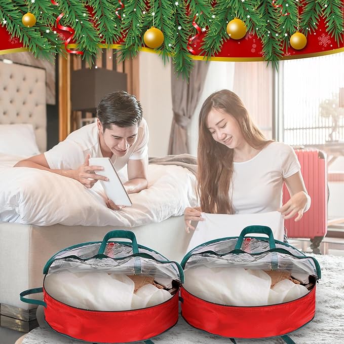 Shappy 6 Pcs 24 x 7 Inch Christmas Wreath Storage Bag Plastic Storage Containers for Wreaths Container Christmas Decorative Xmas Plastic Bag Holder Handles Dual Zipper Holiday Wrapping