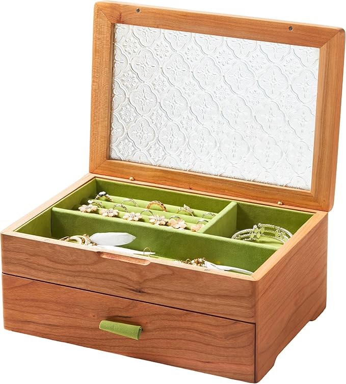 Wooden Jewelry Box, Large Size Case, Natural Solid Cherry Wood Vintage Trinket Organizer with 2-Layer Storage, Drawer, Ring Compartments, Necklace Hooks, Glass Lid, ek06-b-cherry