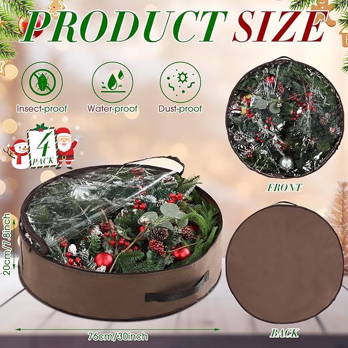 4 Pack Wreath Storage Container, 30 Inch Christmas Wreath Storage Box with Clear Window and Handles Upgrade Oxford Cloth Garland Bags with Dual Zipper for Xmas Wrapping, Brown