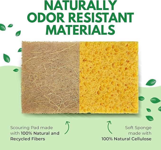 AIRNEX Natural Kitchen Sponges Pack of 18 - Biodegradable Cellulose and Coconut Husk Walnut Scrubbers - Odor Free Non Scratch - Eco Friendly Quick Drying Dishwashing Sponges