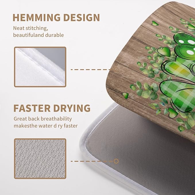 Wnoesat St Patricks Day Wooden Plank Shamrock Drying Mat for Kitchen Counter St Patrick Eucalyptus Leaves Clover Dish Drainer Mats Absorbent Microfiber Dishes Pad Reusable Washable Dry Mat 16x18 Inch