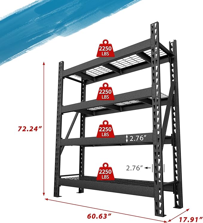 BlueWish 9000LBS Wire Rack Shelving, 18”D x 61”W x 72”H Storage Racks and Shelving with Reinforced Wire Partition, 4 Tiers Heavy Duty Garage Shelves for Warehouse Basement, Black