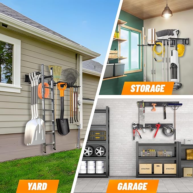 32‘’/48‘’ Garage Storage, Garage Organization, Garden Tool Organizer Wall Mount, 420lbs Adjustable Heavy Duty Metal Hanging Hooks, Yard Rack Hanger System Shovel Rake Broom Ladder Holder, Men Gift