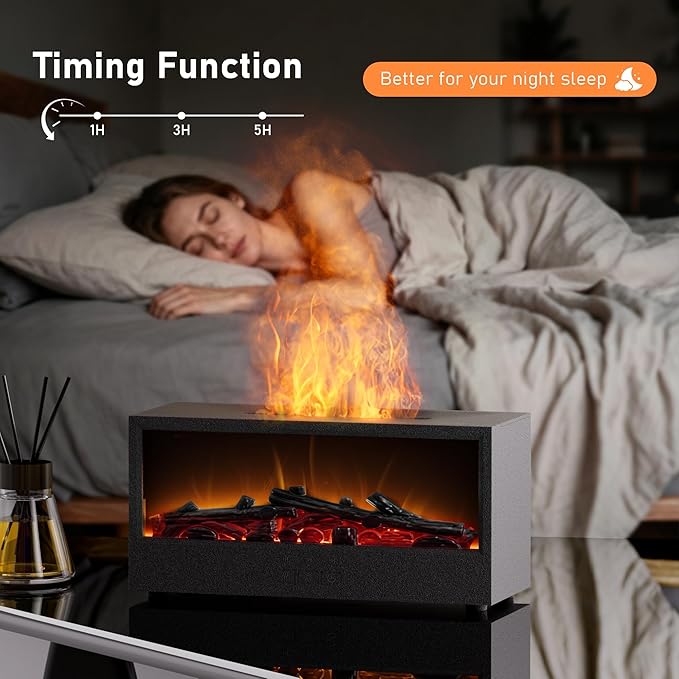 Fireplace Flame Air Diffuser Humidifier,7 Colors Aromatherapy Essential Oil Diffuser, Ultrasonic Aroma Humidifier with Remote Control & Timer for Bedroom, Home, Office, Yoga (Black)