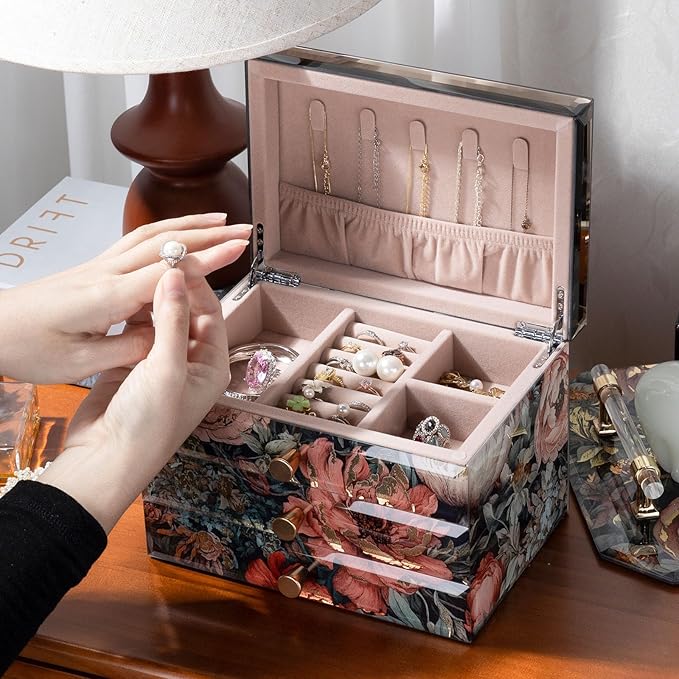 Glass Jewelry Box With Floral Pattern, 3-Tier Jewelry Organizer for Women Girls,Jewelry Gift Decorative Boxes, Art Painting Tabletop Ornament Organizer For Earring Necklace Christmas Gifts