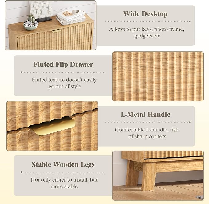 Shoe Cabinet Storage for Entryway with 3 Flip Drawers, Fluted Narrow Shoe Organizer with Wooden Legs, Freestanding Slim Shoe Storage Hidden Shoe Rack Organizer for Front Door Entrance, Oak