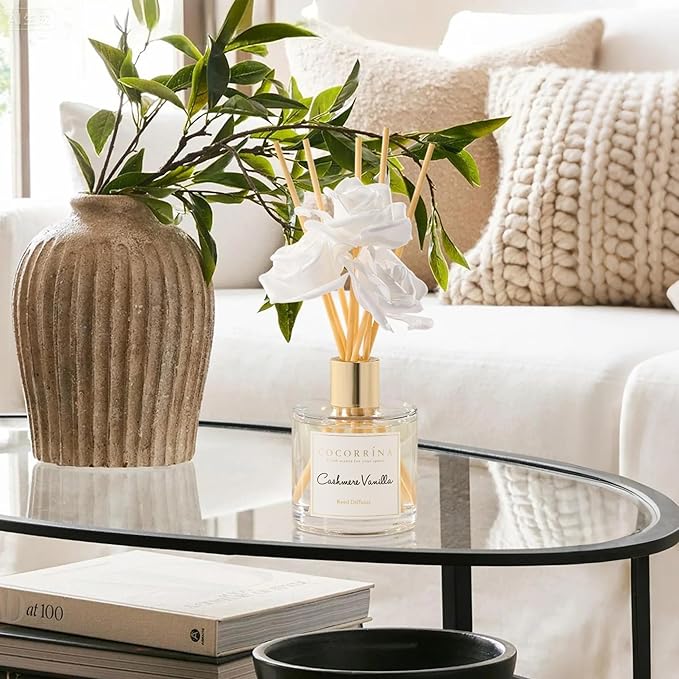 Cocorrína Reed Diffuser Set - 6.7 oz (200ml) Cashmere Vanilla Scent, 3 White Rose Foam Flowers & Cotton Sticks, Home Fragrance Reed Diffuser for Bathroom Shelf Decor