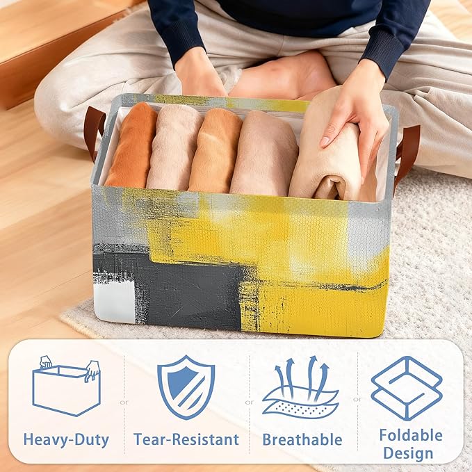 Yellow Gray Storage Baskets,Modern Art Foldable Large Capacity Organizer Bins with Waterproof Lining and Leather Handles for Closet,Shelf,Bedroom 17x11.5x10Inch