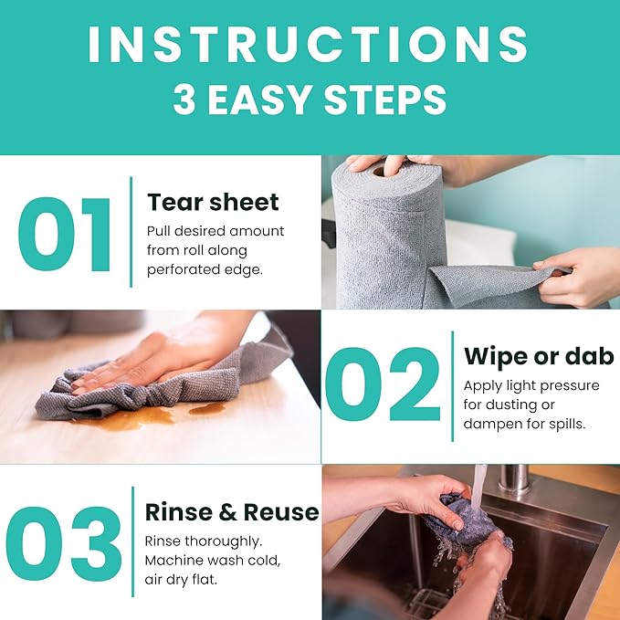 Microfiber Cleaning Cloth Roll Tearaway, 50 PCS Tear Away Towels, Reusable & Washable, Ultra Absorbent 12" x 5.5" Dish Rags for Car, Home, Kitchen, , 180 GSM Thickness, Paper Towel Alternative