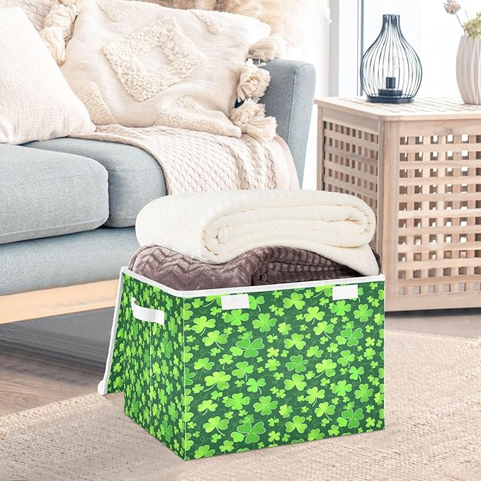 Bolaz Clover St Patrick Day Storage Bins with Lids and Handles, Foldable Storage Box Storage Basket with Cover Collapsible Organizer Containers for Home Closet, Shelves