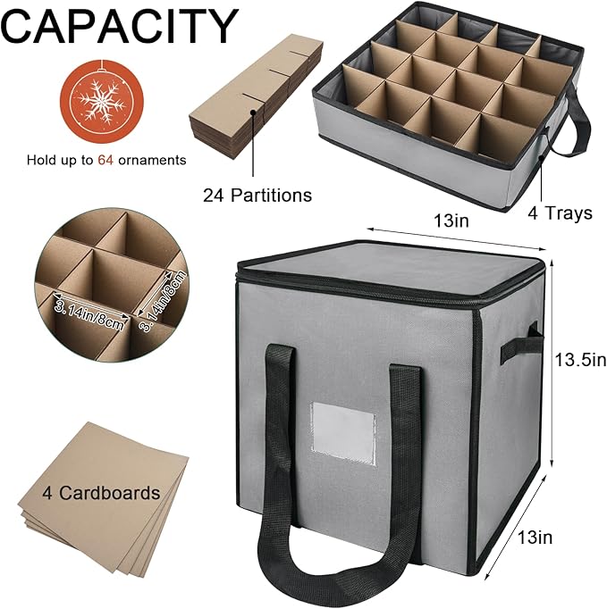 Christmas Ornament Storage Box with Dividers, Christmas Balls Storage Containers with Zipper & 4 Removable Trays - Holds Up to 64 Balls - 600D Oxford Christmas Decoration Storage Organizer (Gray)