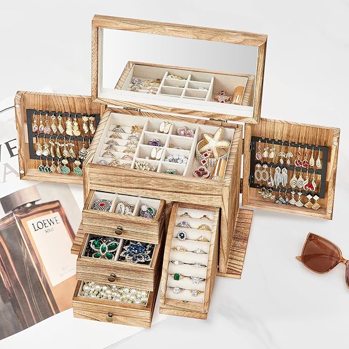 Jewelry Box Organizer, Solid Wood Jewelry Boxes fow Women with Mirror, Double Layer Jewelry Organizer Box Display Earring Necklace Bracelet Ring, Rustic Style Small Jewelry Box for Girls
