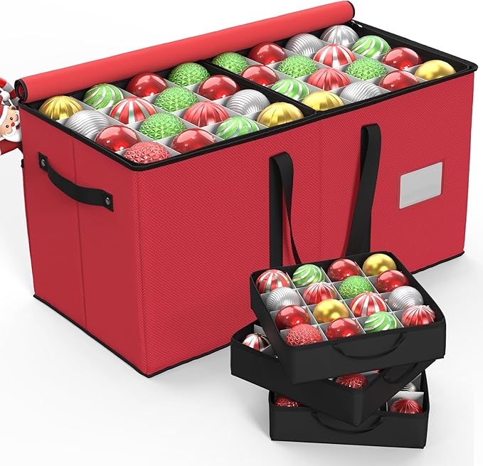 Christmas Ornament Storage Box With 8 Trays - Stores Up to 128 Holiday Ornaments, Christmas Storage Container with Side Pocket, Adjustable Dividers, Card Slot, Tear-Proof Fabric - Red