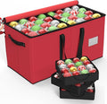 Christmas Ornament Storage Box With 8 Trays - Stores Up to 128 Holiday Ornaments, Christmas Storage Container with Side Pocket, Adjustable Dividers, Card Slot, Tear-Proof Fabric - Red