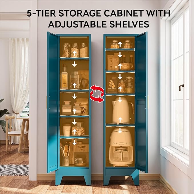 67" Tall Storage Cabinet with Reversible Doors and Adjustable Shelves,Metal Slim Freestanding Cabinets for Bathroom Kitchen Garage Small Spaces,Blue,5-Tier