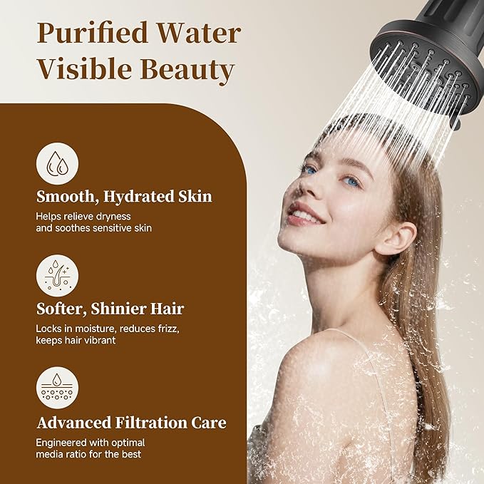 BRIGHT SHOWERS Filtered Shower Head, High Pressure Fixed Showerhead for Hard Water, Dual-Media Filter Removes Chlorine & Impurities, 8 Spray Modes, Oil Rubbed Bronze