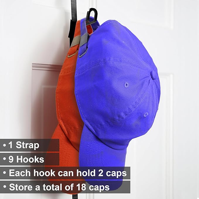 Perfect Curve Cap Rack | Over-The-Door Hat Organizer | Nine hooks holds 9-18 Caps | Baseball Cap Rack for Door | 1 Strap | Black