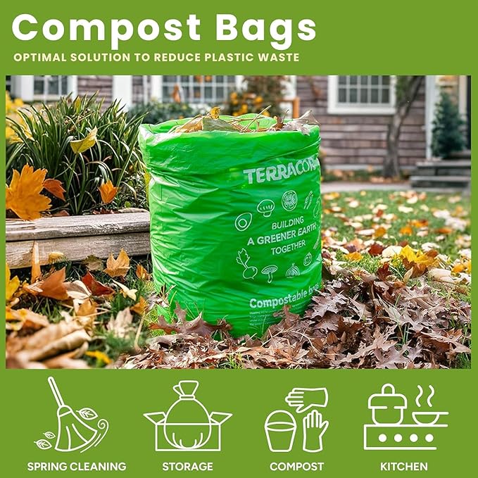 TERRACOR 13 Gallon Compostable Trash Bags, 40 Bags Compost Bags for Countertop Bin, Camping Toilet Bags for Portable Toilet, BPI Certified and Meet The ASTM D6400 Standard