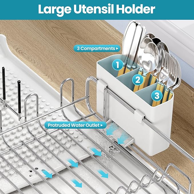 TOOLF Expandable Dish Rack, Dish Drying Rack for Kitchen Counter, Foldable Dish Dryer Rack, Stainless Steel Dish Drainer Racks with Cutlery Holder, Collapsible Dish Drying Racks Large Size, White
