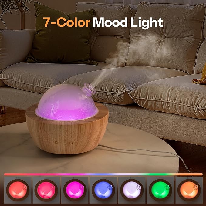 Wanlola 280ml Glass Essential Oil Diffuser with Natural Wood Base, The 2025 Upgrade Aromatherapy Diffusers for Home, Cool Mist Air Aroma Diffuse Humidifier with 7 Color Lights for Office, Bedroom