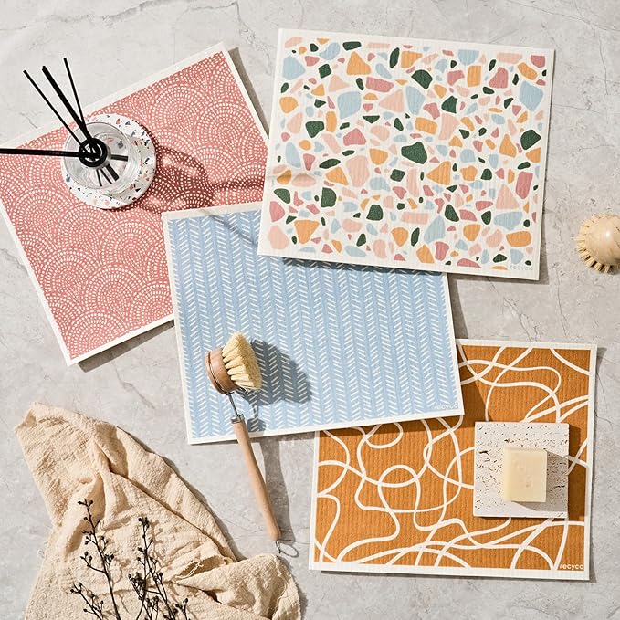 RECYCO Swedish Dishcloths for Kitchen | 4 Pack Oversized Washable Dish Rags | Large Cellulose Reusable Cleaning Paper Towels | Absorbent Counter Dish Cloth Sponge XL Kitchen Wipes, 12" L x 10" W