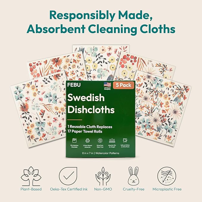 FEBU Swedish Dishcloths for Kitchen | 5 Pack Stamps Reusable Paper Towels Washable | Swedish Dish Towels | Non-Scratch Cellulose Sponge Cloths | No Odor, Biodegradable Cleaning Cloths