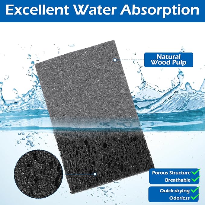JIEYAO 12 Pack Non-Scratch Scrub Sponges, Compressed Cellulose Sponges, Black Sponge for Dishes Wood Pulp Multi-Purpose Cleaning Sponge for Kitchen Dishes Non-Stick Cookware