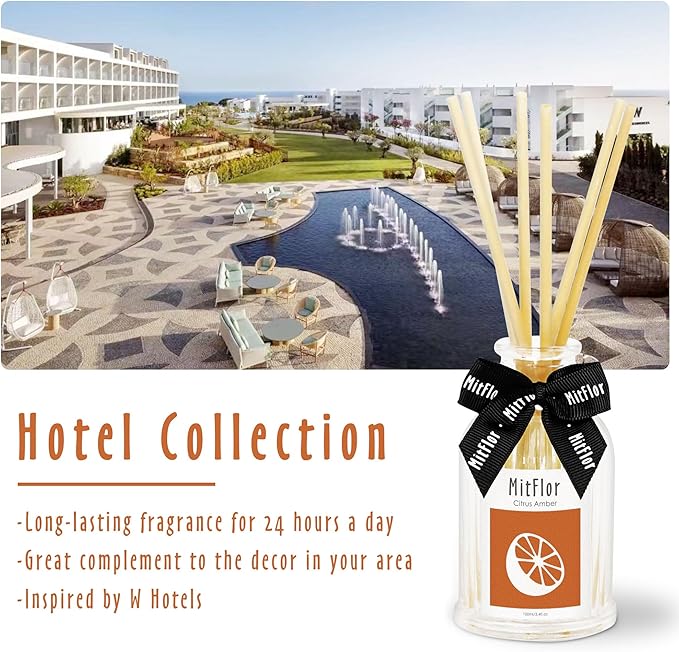 Reed Diffuser Set, MitFlor Citrus Amber Hotel Collection Diffuser 3.4 fl oz, Long-Lasting Fragrance Home & Bathroom Decor, Aromatherapy Diffuser Oil Gift Set