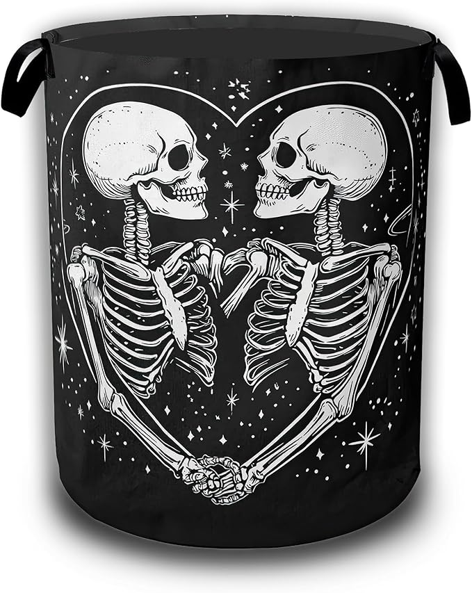 Halloween Funny Skeleton Laundry Basket,Waterproof Foldable Cute Skull Heart Laundry Hamper,Dirty Clothes Basket, Linen Bin Storage Organizer Collection 16" x 20.8"