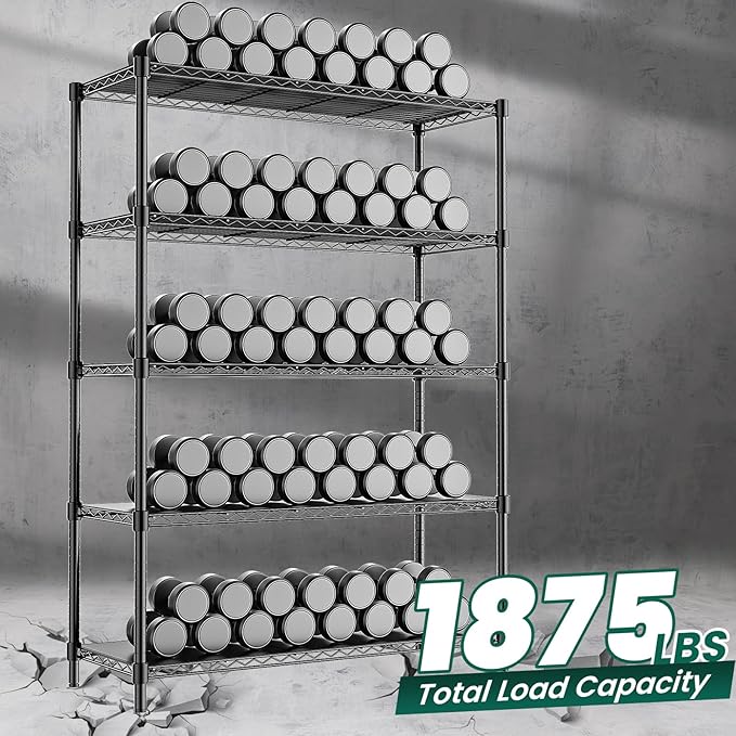RackBro 48" W Storage Shelves 1875LBS Metal Shelving, 5-Tier Adjustable Wire Shelving Unit with Liners, Heavy Duty Garage Shelving Steel Rack for Commercial Pantry, 48" W x 18" D x 72" H, Black