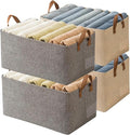 AARAINBOW 4 Pcs Closet Clothes Organizer with Handle, Closet Shelf Fabric Storage Box Steel Frame, Stackable Shelf Storage Baskets Foldable Wardrobe Storage Box for Clothes Pants, 23L (2 Gray 2 Beige)