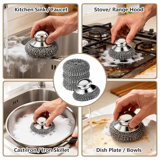 Steel Wool Scrubber, 4-Pack Stainless Steel Scrubber Pads with Handle - The Ultimate Scouring Solution for Rust, Stubborn Messes on Cookware, Grill, Oven & Kitchen Sinks