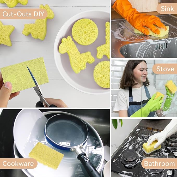 Mkobon 6 Pcs Kitchen Sponges for Dishes Cleaning, Non Scratch for Non Stick Cookware, Compressed Natural Cellulose Sponges, Dish Washing Scrubbers, Scrubbing Pads for Household, Bathroom (Yellow)