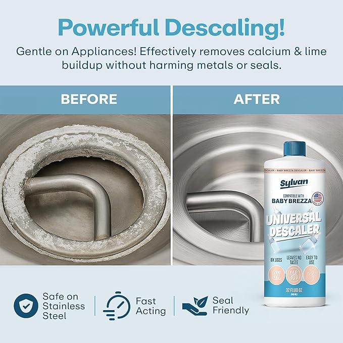 Sylvan Hills Descaler Compatible with Baby Brezza Machines | 32 Oz | 12 Month Supply | US Made | Free Cleaning Cloth | Descaling Solution Compatible with Baby Appliances | Cleans & Descales