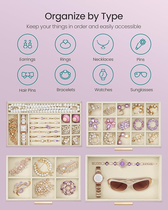 SONGMICS Jewelry Box Organizer with Glass Lid, 4-Layer Jewelry Storage, with 3 Drawers, Modern Style, 6 x 9.9 x 8.5 Inches, Lavender Purple and Gold Color UJBC161P01
