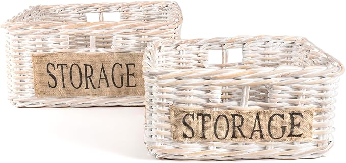 happimess BSK1005A-2SET Reed Southwestern Hand-Woven Rattan Nesting Wicker Storage Baskets with Handles, Seagrass Container for Decoration in Bedroom, Closet, White Wash/Kubu Gray (Set of 2)