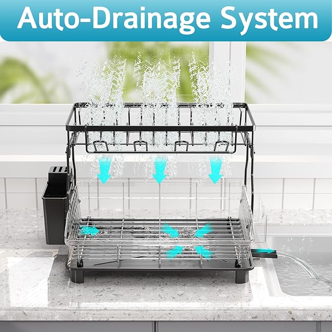 Ricobes Dish Drying Rack - 2 Tier Large Capacity Dish Rack- Dish Racks for Kitchen Counter with Drainboard, Rustproof Dish Drainer with Removable Utensil Holder,Cutting Board Holder,Cup Holder, Black