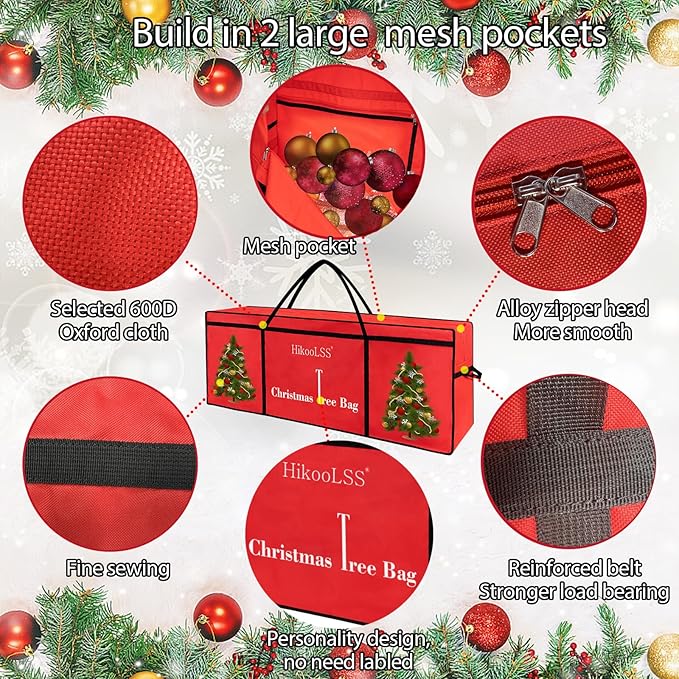 Christmas Tree Bags Storage 7.5 Ft Christmas Tree Storage Bag, Reusable Heavy Duty 600D Oxford Santa Tree Box/Container/Holder for Large Artificial Xmas Tree/Holiday Trees Red(60X18X25in)