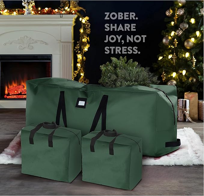 ZOBER Christmas Tree Storage Bag - With 2 Ornaments Accessories/Garland Bags - Fits 9 Ft Trees - 600D Oxford Fabric Christmas Tree Bag For Storage Box For Xmas - Strong, Durable Handles - Green