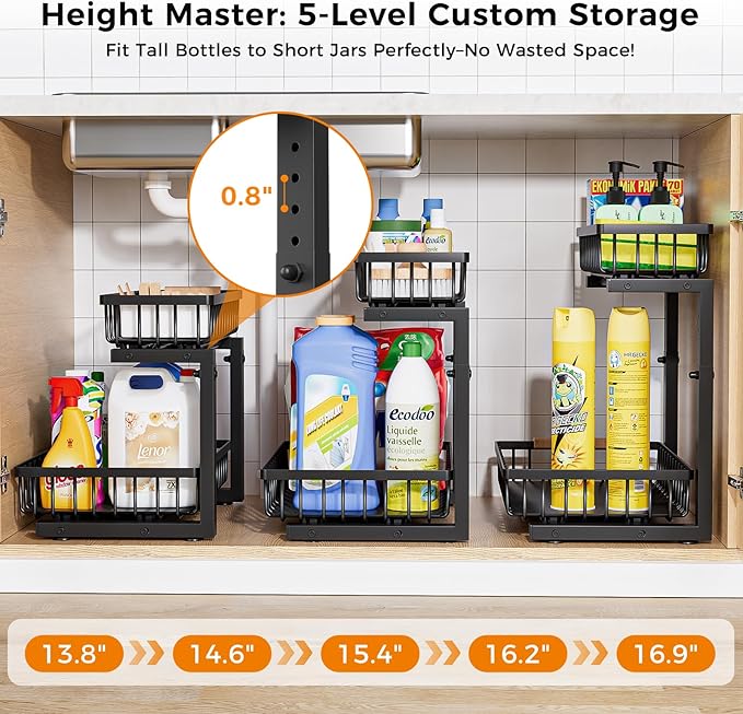 ENRUNEST Under Sink Organizer,2 Pack Under Kitchen Sink Organizer,2 Tier Sliding-Out,5 Level Height Adjustable,Thickened Carbon Steel,Anti-rust Treatment,For Kitchen Bathroom Black