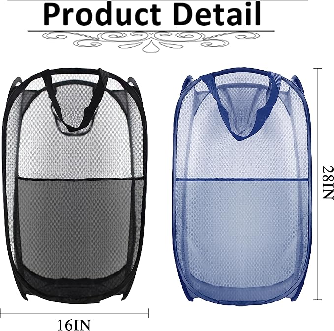 Buyongwant Collapsible Pop Up Laundry Hamper, Extra Large Mesh Foldable Laundry Basket Bag, 28" x 16" x 16", 2 Pack (Black + Blue)