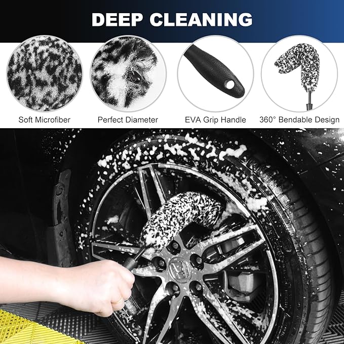 Car Wheel & Tire Brush Set, Wheel Cleaner Brush, Soft & Stiff Bristle Cleaning Brush, Wheel Brushes for Cleaning Wheels, Rim Brush for Car Body Exterior Surface, Carpet, Truck, SUV, RV, Motorcycle
