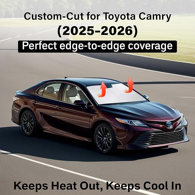 EcoNour Windshield Sun Shade Compatible for Toyota Camry 2025–2026 | Sedan Front Window Sunshade | Foldable Sun Visor Protector | UV & Heat Blocking | Keeps Interior Cool & Protected