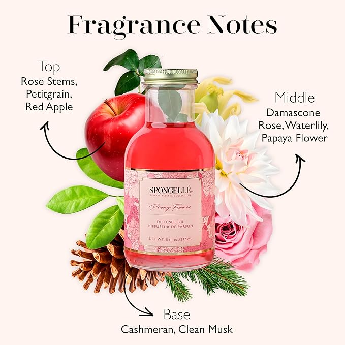 Spongellé Peony Flower Reed Diffuser – Luxury Scented Home Fragrance, Long-Lasting Aroma, Decorative Glass Vessel, Gift-Ready Box – Private Reserve Collection